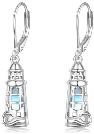 Leuchtturm Ohrringe für Damen Sterling Silber 925 Mondstein Tropfen Ohrring Leuchtturm Ohrhänger Schmuck Geschenk (Leuchtturm)
