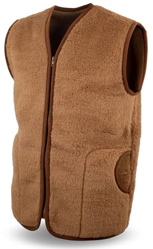 Herren Weste aus 100% Natur-Schurwolle, warme Merinowolle Herrenweste mit Reißverschluss, Wollweste atmungsaktiv, Schafwollweste braun, Gr. L, Kamel Dunkelbraun