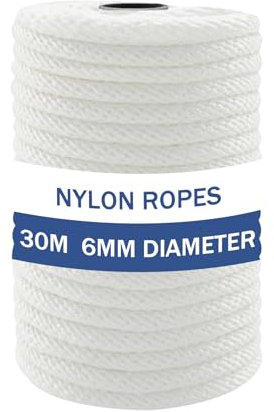 NQ 6mm Dia x 30 Meters Nylon Rope, 1/4 inch Nylon Cord for Outdoor, Camping, Hiking, Heavy Duty Rope, DIY String for Crafts, Clothesline, Swing(White)