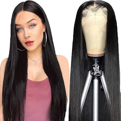 Echthaar Perücke für Damen Schwarz Perücken Straight Human Hair Wig 13x6 Lace Front Wig 100% Brasilianisches Perücken Echthaar mit Babyhaar Any Part 180% Dichte 18 Inch