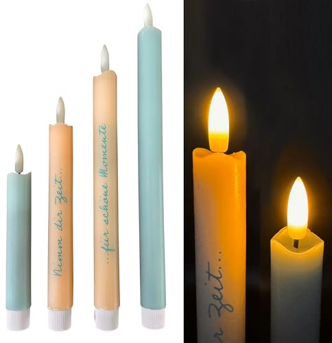 Online Fuchs 4er Set LED Stabkerzen mit Echtflamme und 6-Stunden Timerfunktion in unterschiedliche Höhen von 16 bis 28 cm - Peach, Hellblau/Mint