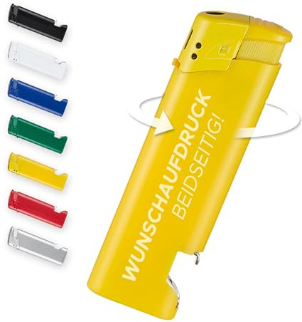 #teamludorf 50 Stück gelbe Feuerzeuge mit Flaschenöffner - Elektrisch, nachfüllbar, personalisiert mit eigenem Logo oder Foto - Perfekt für Promotion, Outdoor, Giveaways & Feiern