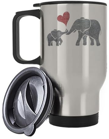 Giftme Heart Baby Elephant and Mum Elephant, Insulated Travel Mug, Tea, Coffee Mug. (Silver)