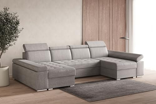 mb-moebel Couch für Wohnzimmer Schlafsofa Sofa verstellbare Kopfstütze U-Form Eckcouch Wohnlandschaft Polsterecke mit Schlaffunktion und Bettkasten - Luka U (Hellgrau (Twist 19))
