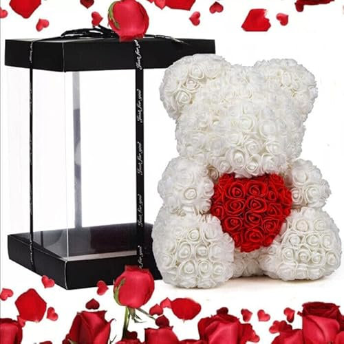 Orso di Rose con cuore rosso 25cm, fatto con Rose, già confezionato regalo per San Valentino, orsetto per fidanzata, Amica, orsacchiotto, teddy bear in Italia (Bianco Cuore Rosso, 25cm)