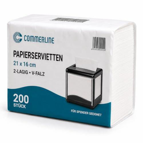 Commerline Papierservietten – 200 Stück, 21x16 cm, 2-lagig, Weiche & Saugfähige Einweg-Servietten mit V-Falz, Ideal für Serviettenspender, Diner, Gastronomie & Haushalt, Reinweiß