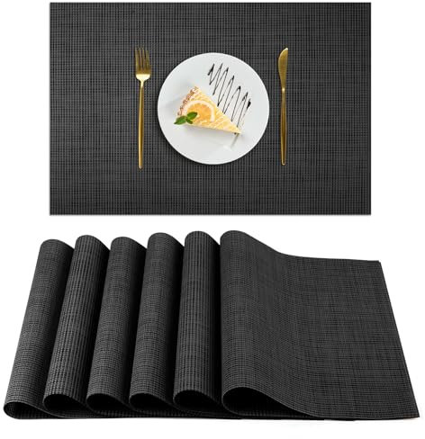 AUAUY Tischsets Abwaschbar 6er Set, Platzset PVC Hitzebeständig rutschfest Abgrifffeste, Gewebte Platzdeckchen, Platzdeckchen für Küche Speisetisch Hotel, Platz-Matten 45x30cm (Schwarz)