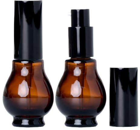 OHEETU 2 Stück 30 ml bernsteinfarbene Glasflaschen auslaufsichere Pumpflaschen Lotion-Seifenspender Glas Kosmetikbehälter mit schwarzer Pumpe für ätherische Ölmischungen, Foundation-Shampoo
