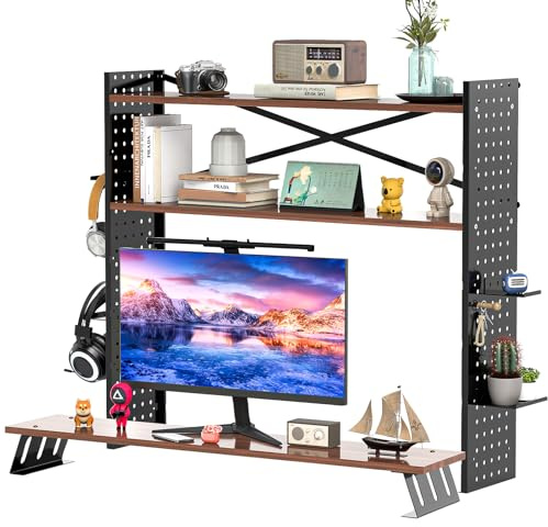 tonchean 3 Tier Desktop Bookshelf Organizer with Pegboard Desk Hutch for Computer Monitor Desk Extender Shelves Desktop Shelf Storage Rack for Home Office Dormitory