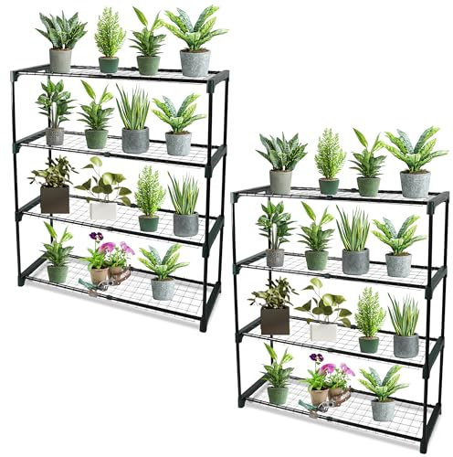 DIVCHI Scaffale da giardino a 4 ripiani, scaffale per serra, scaffale per capanno, per piante, garage e serre, facile da montare senza attrezzi (confezione da 2) (vasi da fiori non inclusi)
