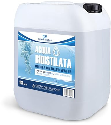 CHEMICA SOLUTIONS Acqua Bidistillata Pura per Uso Industriale e clinico tanica da 10 Litri, Distillata Due Volte, Demineralizzata, per Ferri da Stiro, umidificatori, batterie e Altro Made in Italy