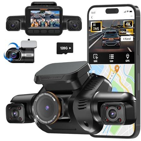 HUPEJOS KI Dashcam Auto Vorne Hinten, 4 Kanal Auto Dashcam mit Fahrer Monitor System (DDAW), 3K+ 3 * 1080P 360° Kamera für Autos WiFi GPS, CPL, 128GB SD Karte, 24H Parküberwachung (V8Pro)