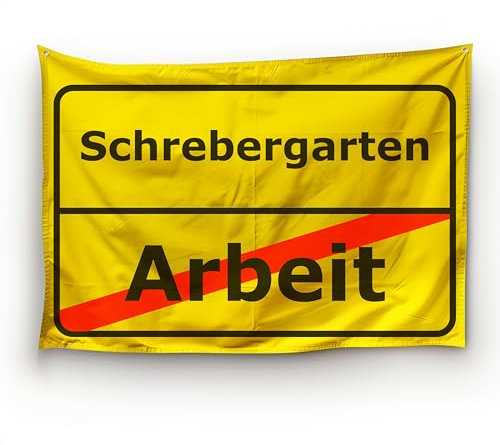 Ruhestandsflaggen als Abschiedsgeschenk für Rentner/Ortsschild-Motiv/Wetterfest/Ösen am oberen Saum/Outdoor und Indoor geeignet/100% Polyester (Schrebergarten, S)