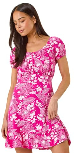 Roman Originals Women Gathered Chest Dress Ladies Stretchy Fit & Flare Swing Tea A Line Skater Waist Ruched Knee Length Midi Smart Casual Work Going Out Party - Petite Floral Fuchsia - Size 12
