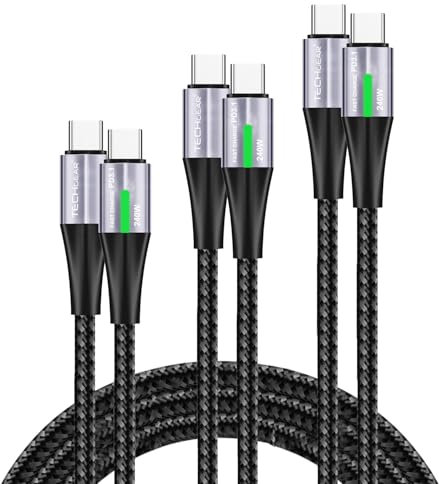 TECHGEAR Cable USB C [3 unidades 0.3+1+2m] 240W PD3.1 Super Fast Charging Type C to C LED Light Indicator Cable trenzado para MacBook Pro, iPad Pro/Air, HP EliteBook, S25 S24, iPhone 16 15, PS5