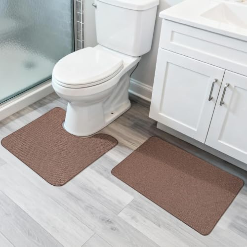 Bathroom Rug Set 2 Piece,Ultra Thin Bathroom Rugs,Toilet Rugs,Quick Dry,Non-Slip,Machine Washable,Fit Under Door,Absorbent Bath Rugs,Shower,Sink,Home Decor Accessories.(Brown,17''x27''+20''x24'')