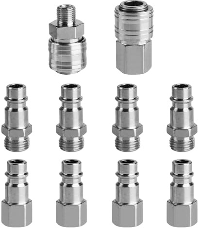 10 PcsAir Line Connectors 1/4 BSP Airline Fittings, Euro Air Line Fittings Kit Air Hose Connectors and Fitting Coupler Couplings Tools and Plugs Set forAir Compressors Hoses, with PTFE Tape