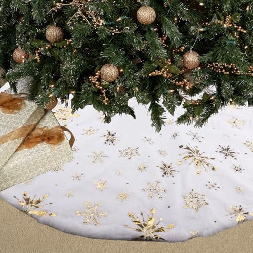 ZoZoMaiy Weihnachtsbaum Rock 122cm Weihnachtsbaumdecke Rund Weiß Große Weihnachtsbaum Decke Plüsch Tannenbaum Decke mit Goldenen Schneeflocken für Weihnachten, Hochzeit, Weihnachtsdekoration