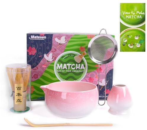 Matesen Matcha Kit Polvere di gradiente, Set Matcha da 5 Pezzi, Kit Matcha Completo, Accessori per la Cerimonia del Tè Giapponese, Supporto per Frusta Matcha, Confezione Regalo Matcha per Natale
