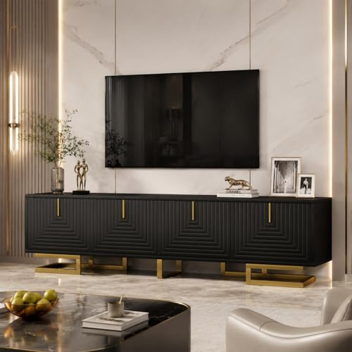 OLIVIBED Mobile TV con Porta Testurizzata, Basso con Gambe e Maniglie Dorate, Tavolo TV Fino a 65 Pollici, Mobile TV per Soggiorno, Camera da Letto, 160 x 38 x 44,5 cm, Nero