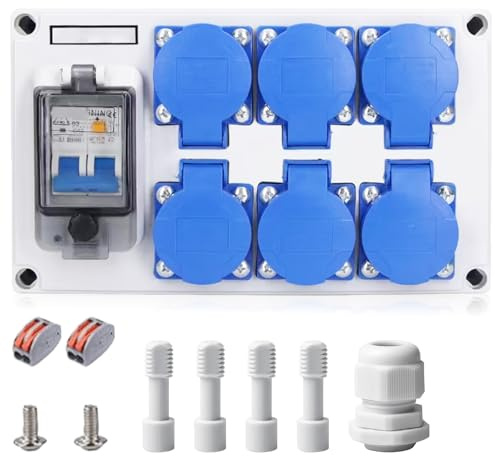 Baustromverteiler, Steckdosenverteiler 6x Schuko 230V, 16A Wandverteiler Stromverteiler mit 63A 1P+N FI Schalter, IP54 Wandverteilerkästen Aufputz Verteiler für Indoor/Outdoor