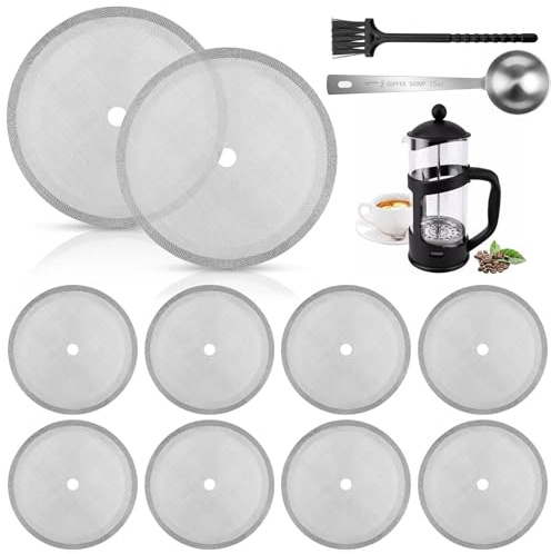WZYTEU 10 Stk French Press sieb für Kaffeedrücker, Edelstahl Ersatzfiltersieb für Kaffeedrücker mit Messlöffel und Bürste, Stainless Steel Filter Französisch für für Kaffeedrücker 1000 ml / 34 oz / 8
