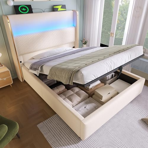 A ALFRESCOOL Hydraulisches Bett 90x200cm mit Hohem Kopfteil, Polsterbett, Einzelbett mit LED-Beleuchtung, Jugendbett Bettgestell mit Stauraum & USB/Type-C-Anschlüssen, Ohne Matratze(Beige)