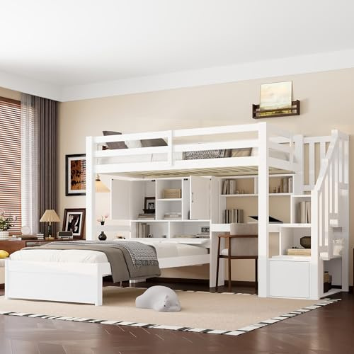 Zravenna Funktionsbett Hochbett 90 x 200 mit Schreibtisch, Staufächern und Regalen, Etagenbett 2 Kinder, Rausfallschutz Kinderbett mit Treppenschrank, Holzbett, Weiß