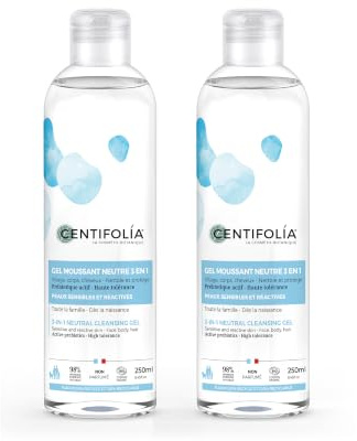 CENTIFOLIA | Gel Moussant Neutre 3en1 Bio | Visage, Corps & Cheveux | Peaux Sensibles & Réactives | Prébiotique Actif | Sans Parfum | Toute la Famille | Fabriqué en France | Lot de 2 x 250ML