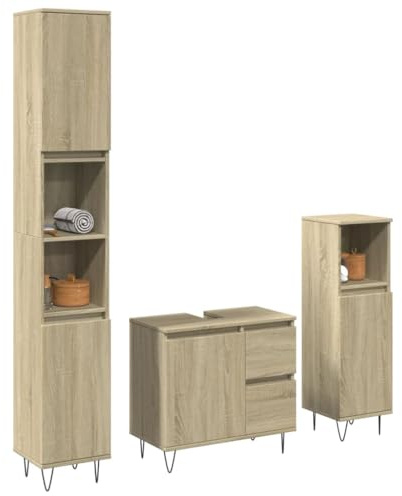 Teenpull Juego de muebles de baño de roble Sonoma, madera de roble, resistente a la humedad, amplio espacio de almacenamiento, estilo industrial, duradero
