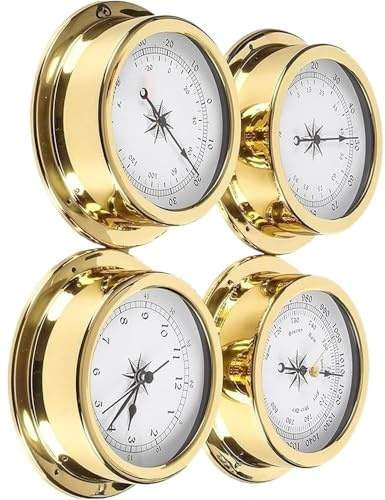 Marine Weather Station Set 4-Piece, Brass Case Analog Dial Barometer Thermometer Hygrometer & Clock, 5.7 Wall Mount Nautical Decor for Boat Yacht Cabin, Indoor Outdoor Home Office Weather Instruments