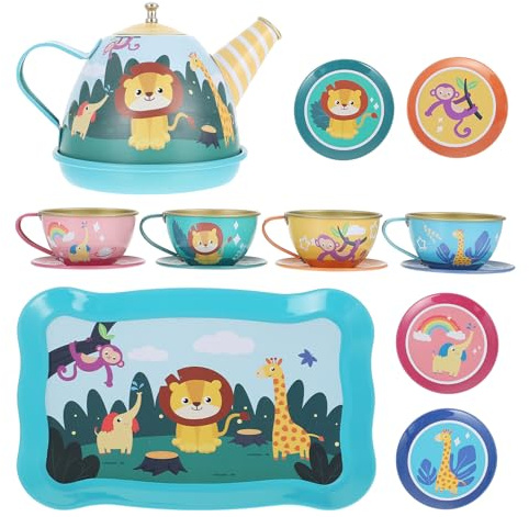 Veemoon Blech Teeservice für Mädchen Bruchsicheres Teekannen Satz mit Tassen Cartoon Muster Rollenspiel Kinderküche Geschenk