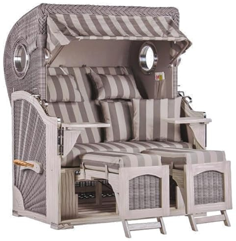 MR. DEKO Strandkorb Zweisitzer Komplett-Set Düne Mahagoni Washed Grey | Edelstahl Bullaugen | 2-Sitzer mit Lifter System, Rollen, Schutzhülle | Vintage Design Gartenliege | 125x80x170cm