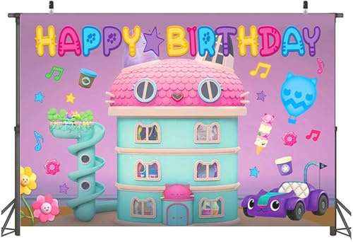 Yoimckay Cartoon Theme Girls Birthday Party Decorations Cute Cat Happy Birthdays Backdrop Girls' Birthday Party Supplies Photoshoot Background Banner,150x100cm, Pink