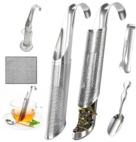 6 pezzi Filtro tè infusione in acciaio inox 304, infusore per tisane e tè sfuso con rete fine,colino da tè con gancio e manico lungo, tea infuser riutilizzabile,filtri tè per tazze e teiere,per tisana