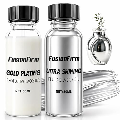 FusionFirm, Pittura Argentata Liquida Kit, Vernice Metallizzata a Base Alcolica, Con Sigillante ad Alto Brillante, Adatto Per Artigianato, Resina, Mobili, Legno e Pittura Artistica, 2X30ml