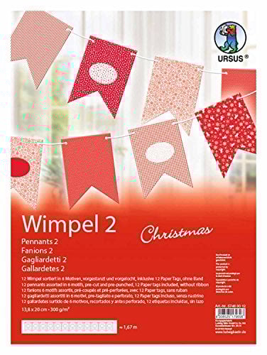 Ursus 57460012 - Wimpel 2, Christmas, ca. 13,8 x 20 cm, 300 g/qm, 12 Stück in verschiedenen Farben, aus Fotokarton, durchgefärbt, vorgestanzt und vorgelocht, Wimpelkettenlänge ca. 1,67 m