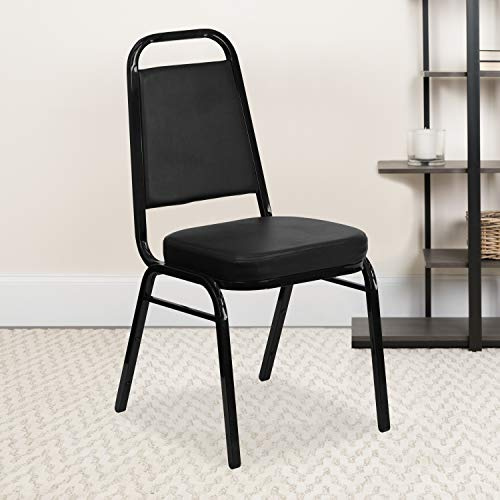 EMMA + OLIVER Trapezoidal Back Vinyl Stackable Banquet Chair, Multipurpose Stacking Chair with Padded Seat and Back, Black
