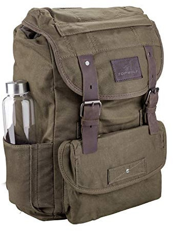 TOPWOLFS Wasserdichter gewachster Canvas-Rucksack für Herren, Reiserucksack, Lederbesatz, grün, Einheitsgröße