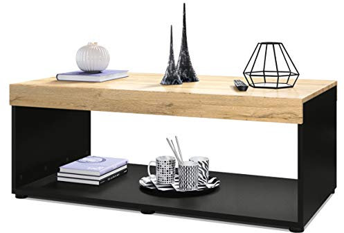 Vladon Couchtisch Pure, Made in Germany, Wohnzimmertisch in Kastenform, Schwarz matt/Eiche Natur (104 x 40,5 x 58 cm)