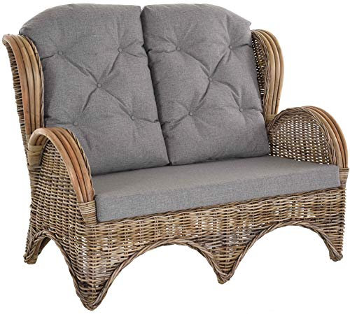 Rattan-Sofa 2-Sitzer Korbsofa Sofa wie Ohrensessel Hochlehn-Sofa Wintergarten Couch Rattanmöbel Grau Natur