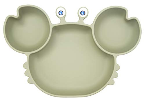 Novos Assiette à pour Bébé Silicone, Plaque d'alimentation Antidérapante pour Tout-petits Les Enfants avec une Forte Aspiration, Adapté au Lave-vaisselle et au Four à micro-ondes (Crab-Tea Green)