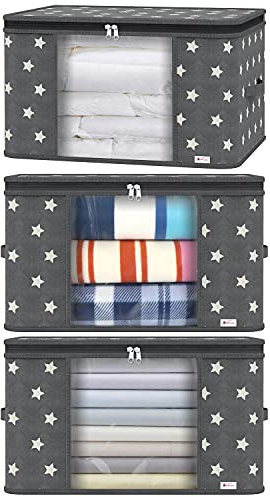 Vinsani 3pcs Deluxe Clothes Storage Bags Organizer Large Capacity Double Zipper, Moisture-Proof Big Clear Windows Perfect Space for Clothes, Beddings, Blankets and Duvet - Grey Star