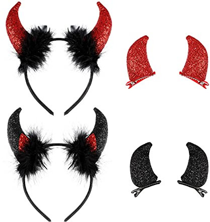 FRCOLOR Halloween Teufel Stirnband Set 2 Stück Hallowen Rot Horn Haarreif mit 2 Paar Teufelshorn Haarspangen Stirnband Halloween Kostüm Cosplay Haarband