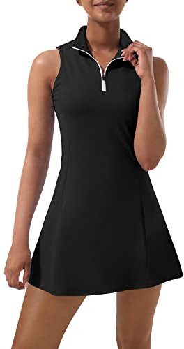 Vestido de tenis para mujer, vestidos de tenis y golf con pantalones cortos integrados y bolsillos para entrenamiento, vestidos atléticos sin mangas, Negro, XL