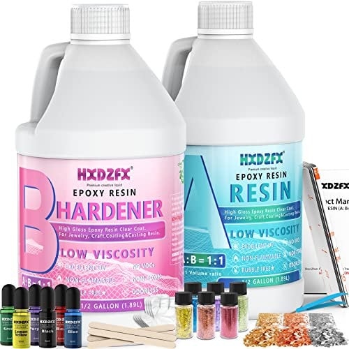 Epoxidharz Set mit Härter - 1 Gallone/3785ml Glasklar Kunstharz Gießen, Epoxy Resin, mit Goldfolienstücke und Epoxidharz Farbe, Harz Set für Holz, Schmuckherstellung, Malerei, Handwerk