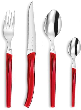 Lou Laguiole RISING SUN Besteck Set 6 Personen | 24-teilig | Rot glänzend | Essbesteck 6 Personen spülmaschinenfest | 18/0 Edelstahl mit Mikroverzahnung | 6x Messer, Gabel, Löffel & Kaffeelöffel