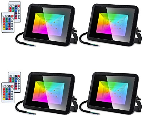 Randaco 4er RGB LED Strahler Fluter 10W Farbwechsel Außenstrahler IP66 Wasserdicht mit Fernbedienung, 16 Farben 4 Modi, Memoryfunktion LED Flutlicht für Garten Baum Halloween Weihnachts
