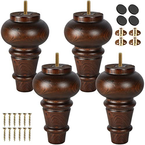 TCHOSUZ 6 inch / 15cm Wooden Furniture Legs, Pack of 4 Classic Glaze Solid Wood Turned DIY Replacement Bun Feet with M8 Hanger Bolts & T-Nuts for Sofa Couch Cabinet Buffet Table Ottoman Riser