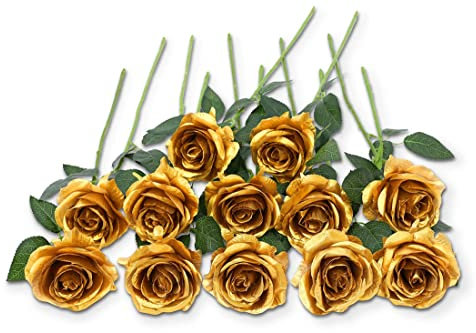 Laelfe 12 Pcs Gold Roses Artificial Flowers, Long Stem Faux Silk Gold Flowers for Wedding Bridal Bouquet Christmas Home Party Hotel Garden Decoration